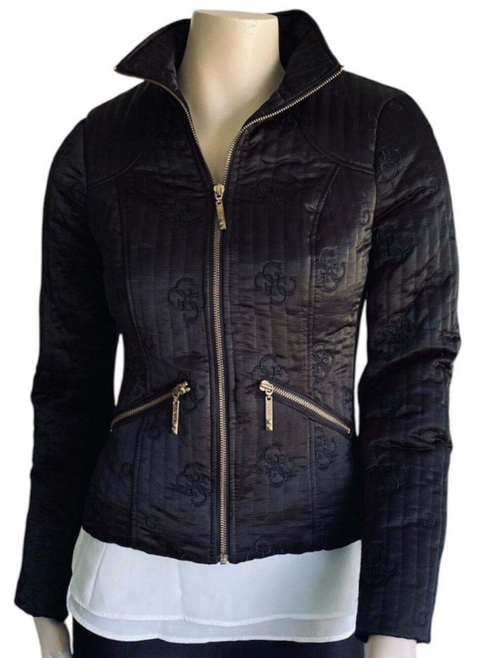 GUESS Black Monogram Quilted Down Puffer Jacket With Knit Panels S Fits XS